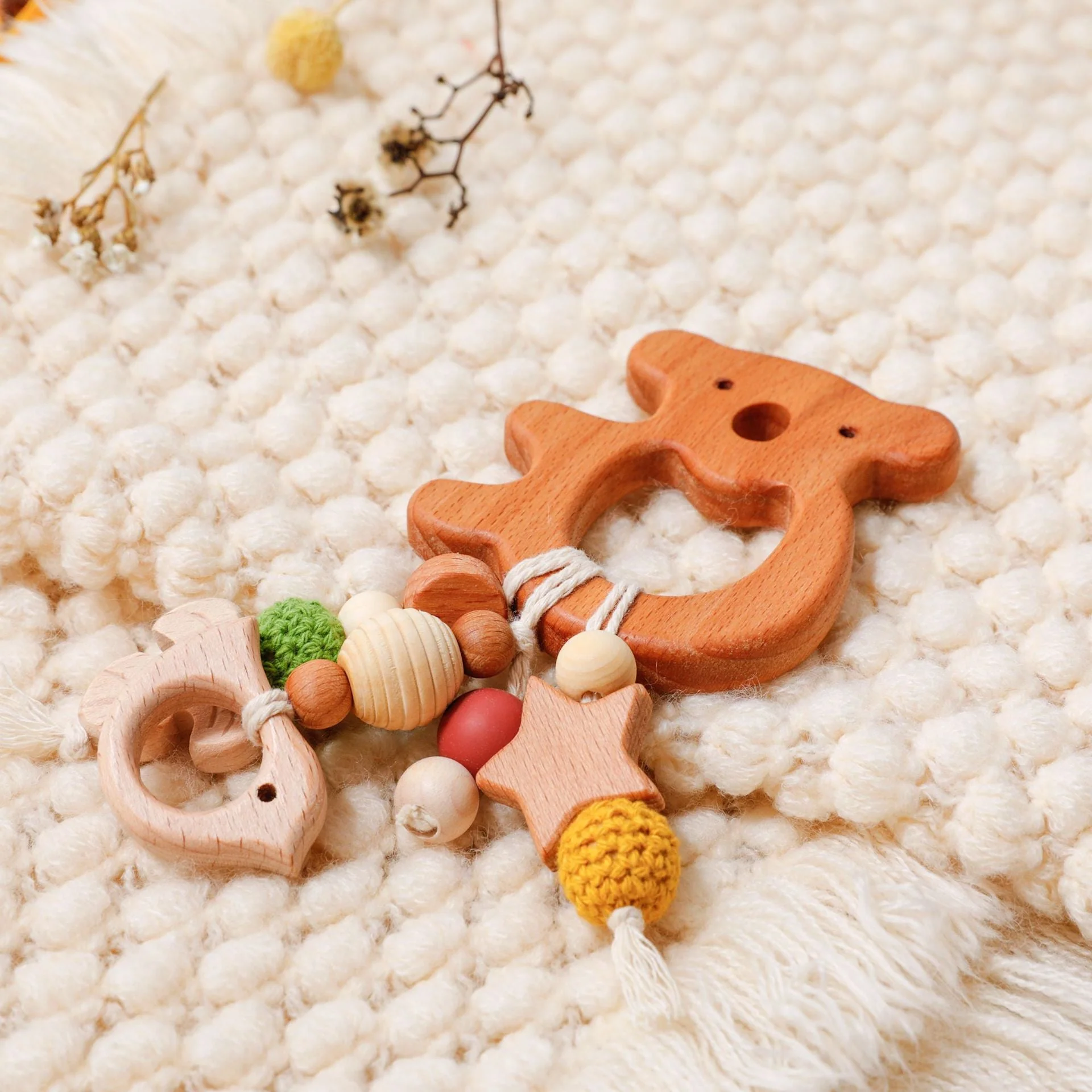 Baby beech teether ornaments teething toy-Bear - Image 3