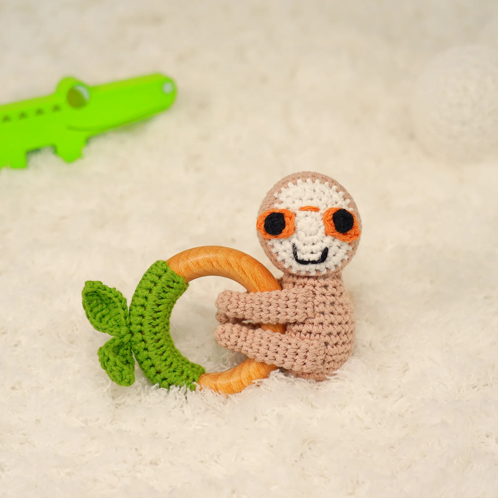 Baby Rattle Shaker Sloth Toy with Wooden Teething Ring - Image 3
